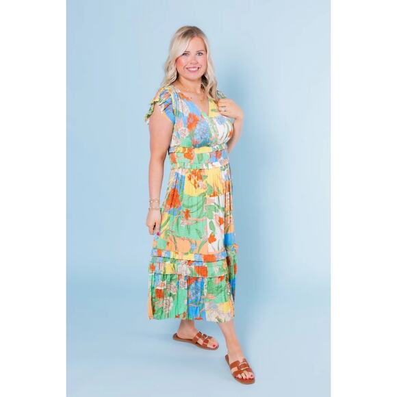 Current Air Sereia Border Print Floral Block Pleated Midi Dress NWT Size M